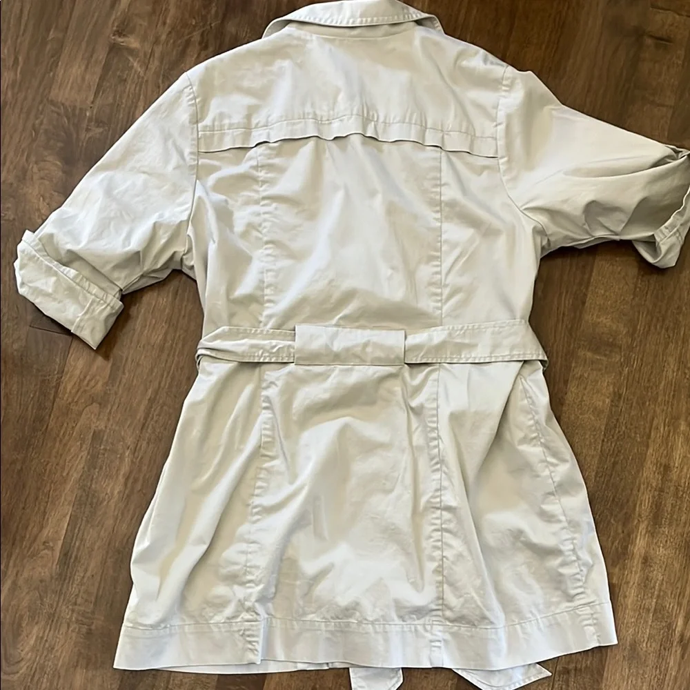 CAbi Tan Trench Coat with Rolled Sleeves and Belted Waist